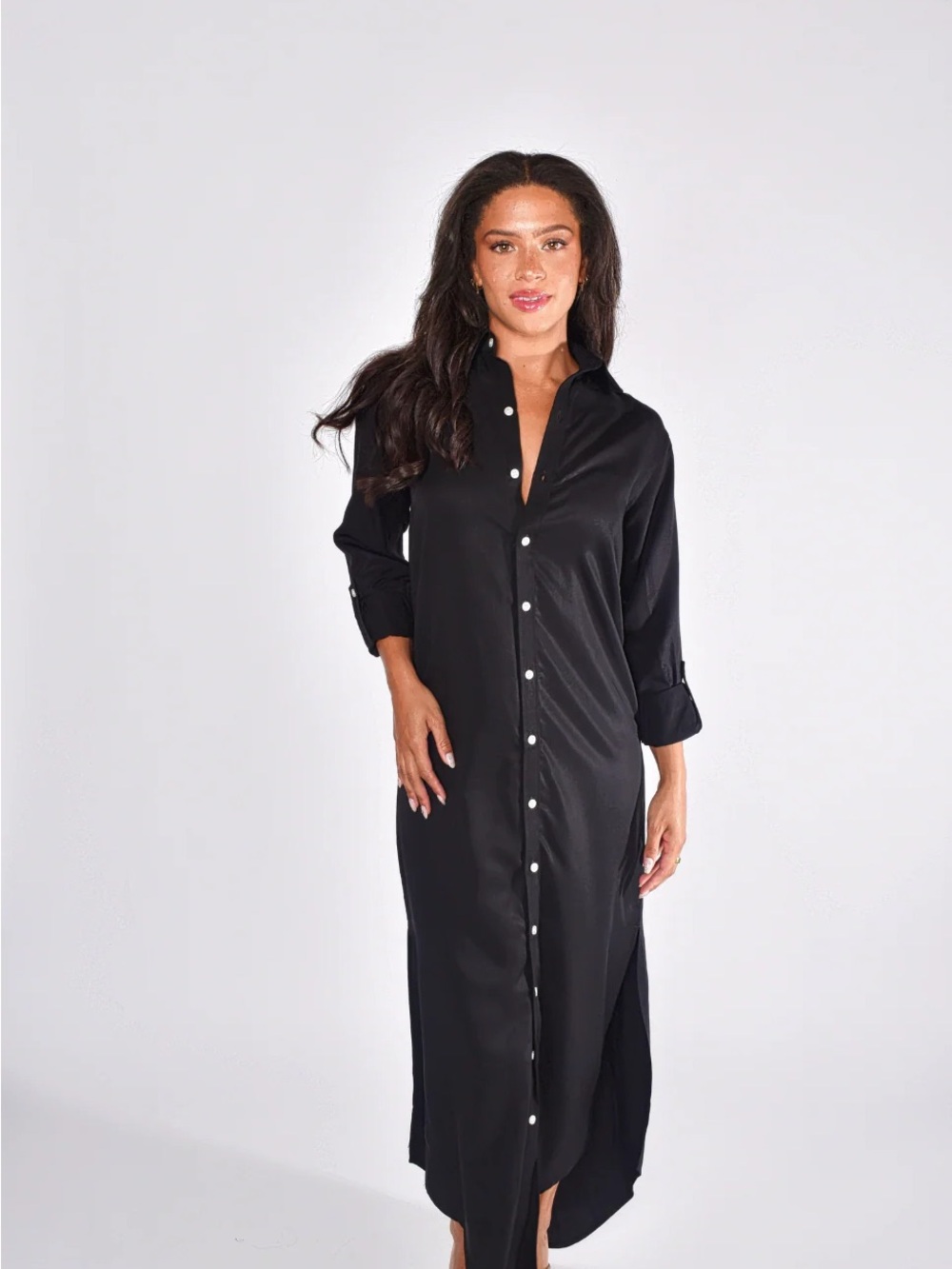$399 Retail Emily Phillips Made in USA Black Maxi Shirt Dress Slit Sides Size 2